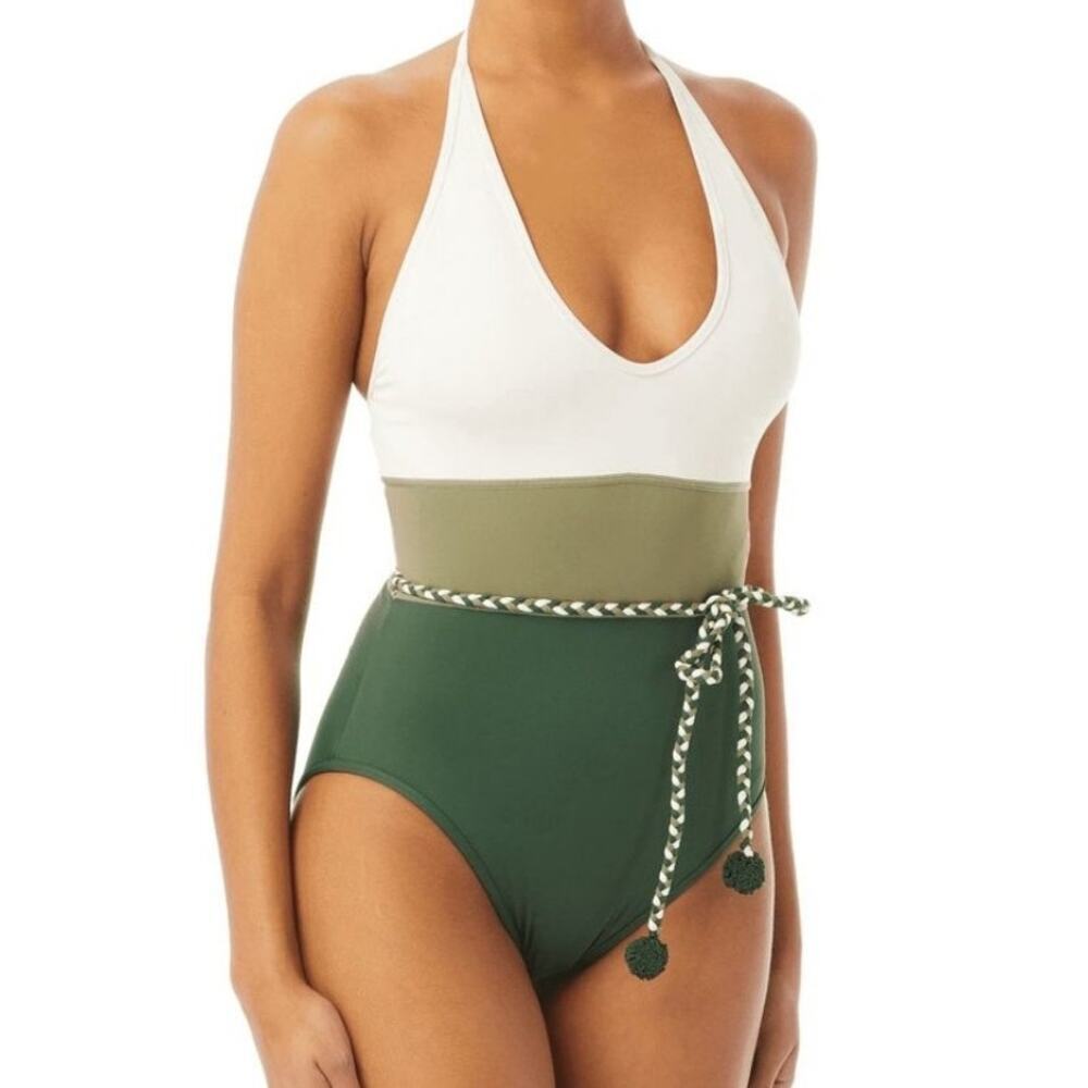 Vince Camuto Color Block One‎ Piece Swimsuit 6 Green Ivory Braided Tassel Belt